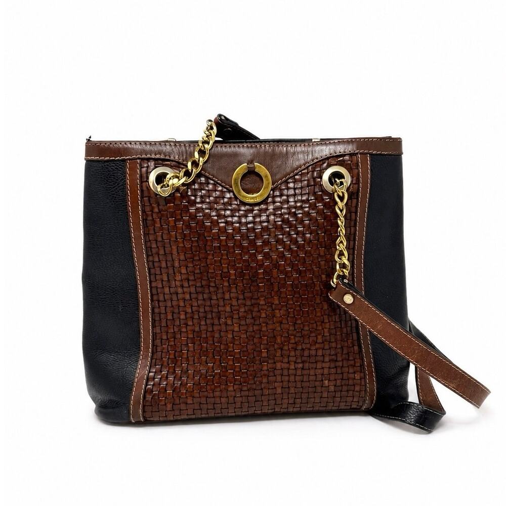 Bally Vintage Two Tones Brown Black Woven Leather Chain Shoulder Tote Bag
